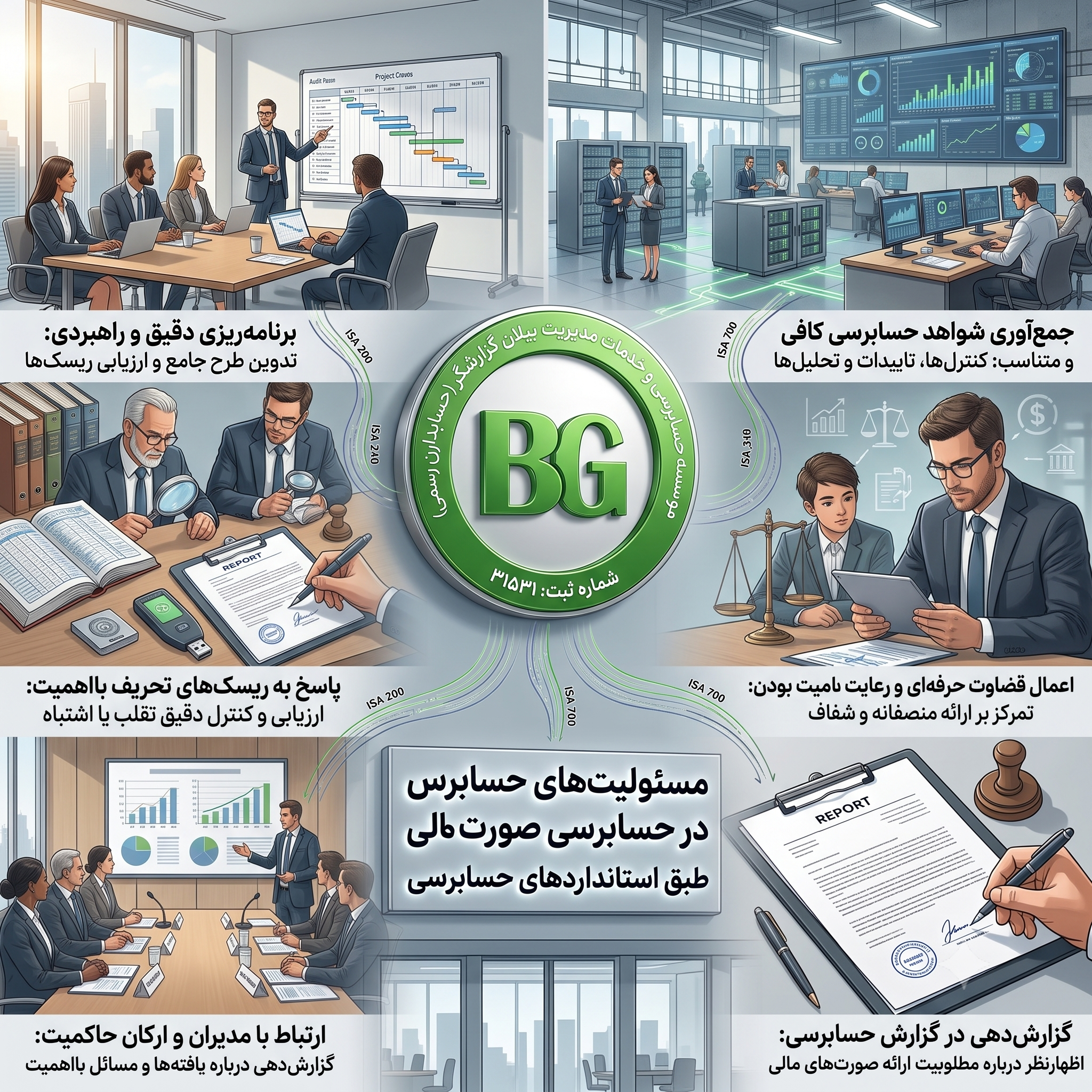 اینفوگرافیک جامع مسئولیت‌های حسابرس مستقل در حسابرسی صورت‌های مالی بر اساس استانداردهای حسابرسی